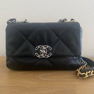 Chanel 19 Bag Small Size Black Quilted Shiny Lambskin Gold And Silver Tone